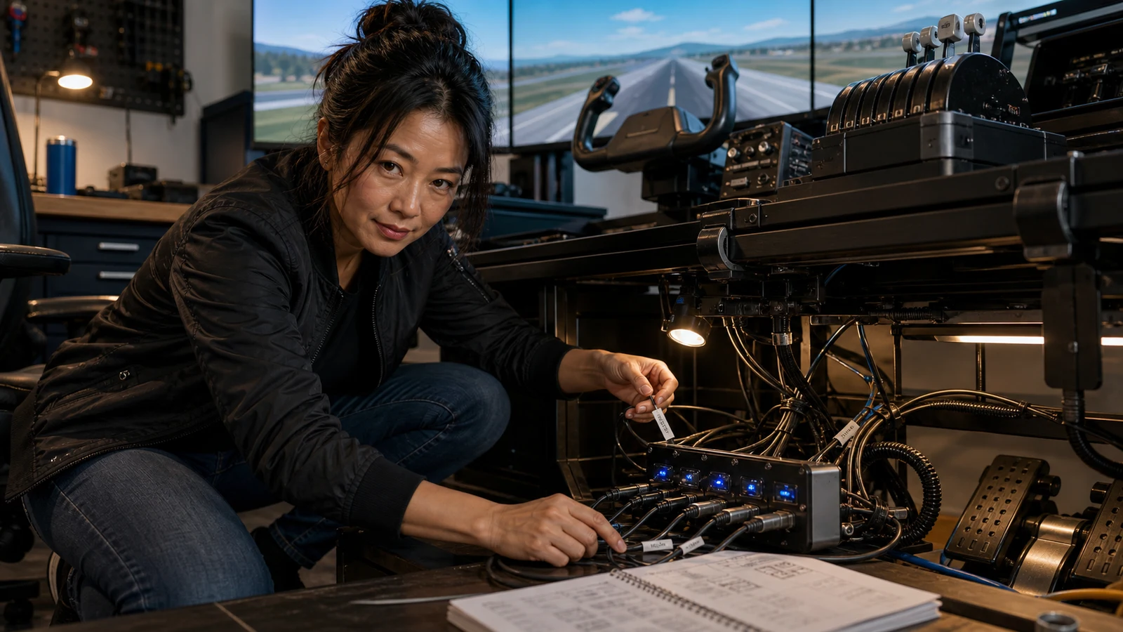 Val Chen labeling USB and power routing under a Microsoft Flight Simulator home cockpit