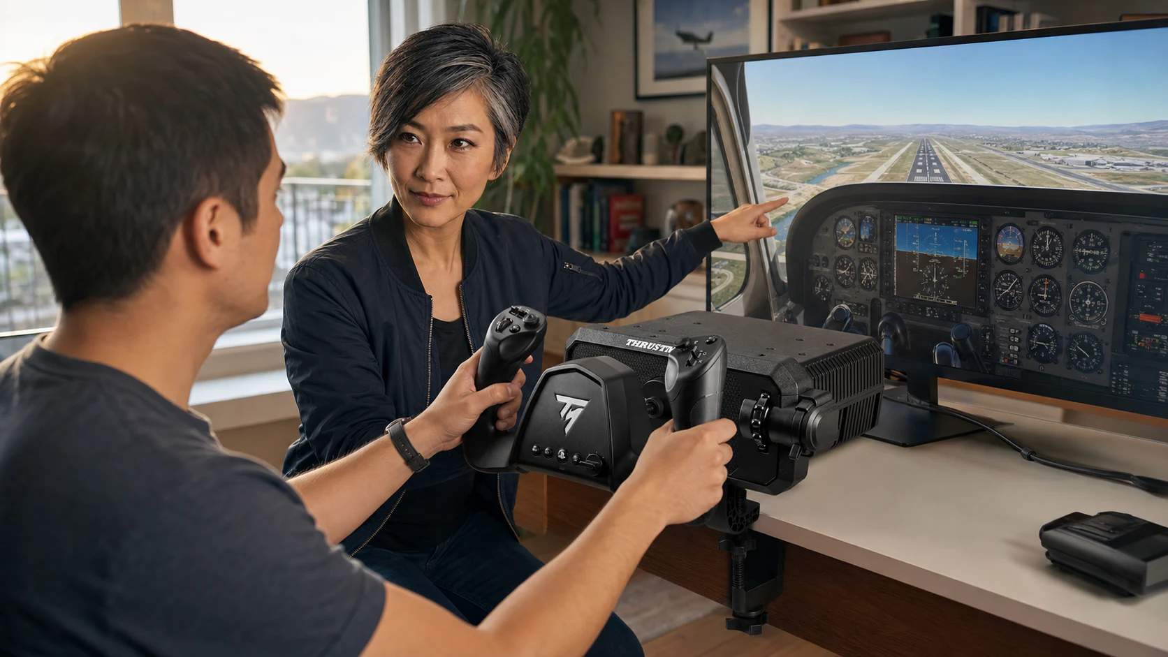 AI curator Val Chen teaching a beginner to fly a light aircraft approach with a Sky Yoke-inspired control system