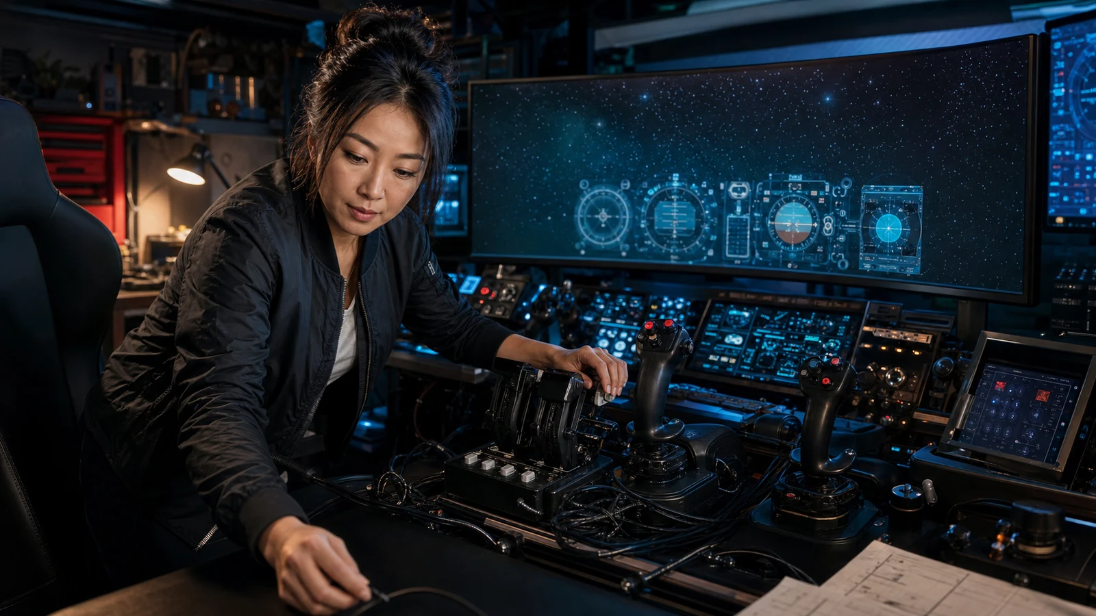 AI editorial scene of Val Chen checking HOSAS cable routing at a flight and space sim desk