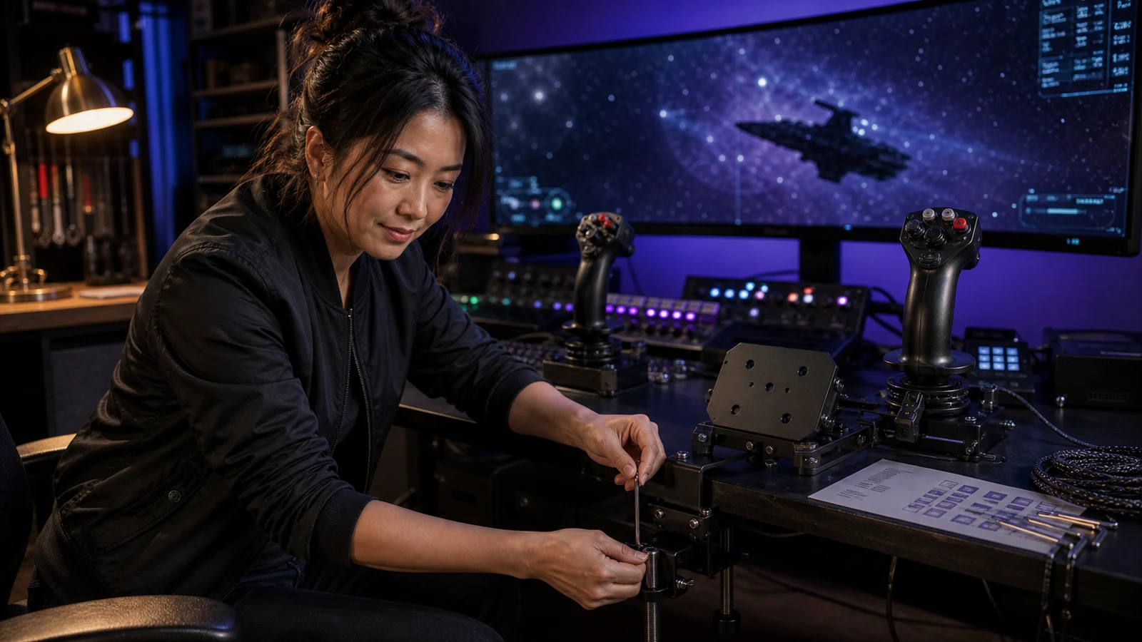 Val Chen tightening a HOSAS desk mount and routing cables for a Star Citizen cockpit