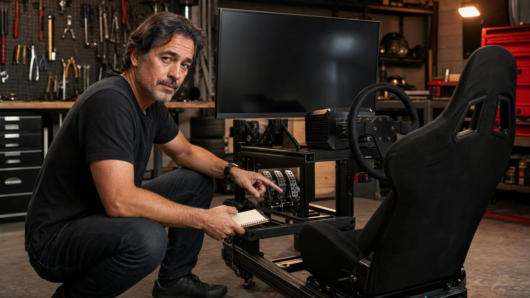 Duke Alvarez checking the pedal deck on a sim racing cockpit in a garage workshop