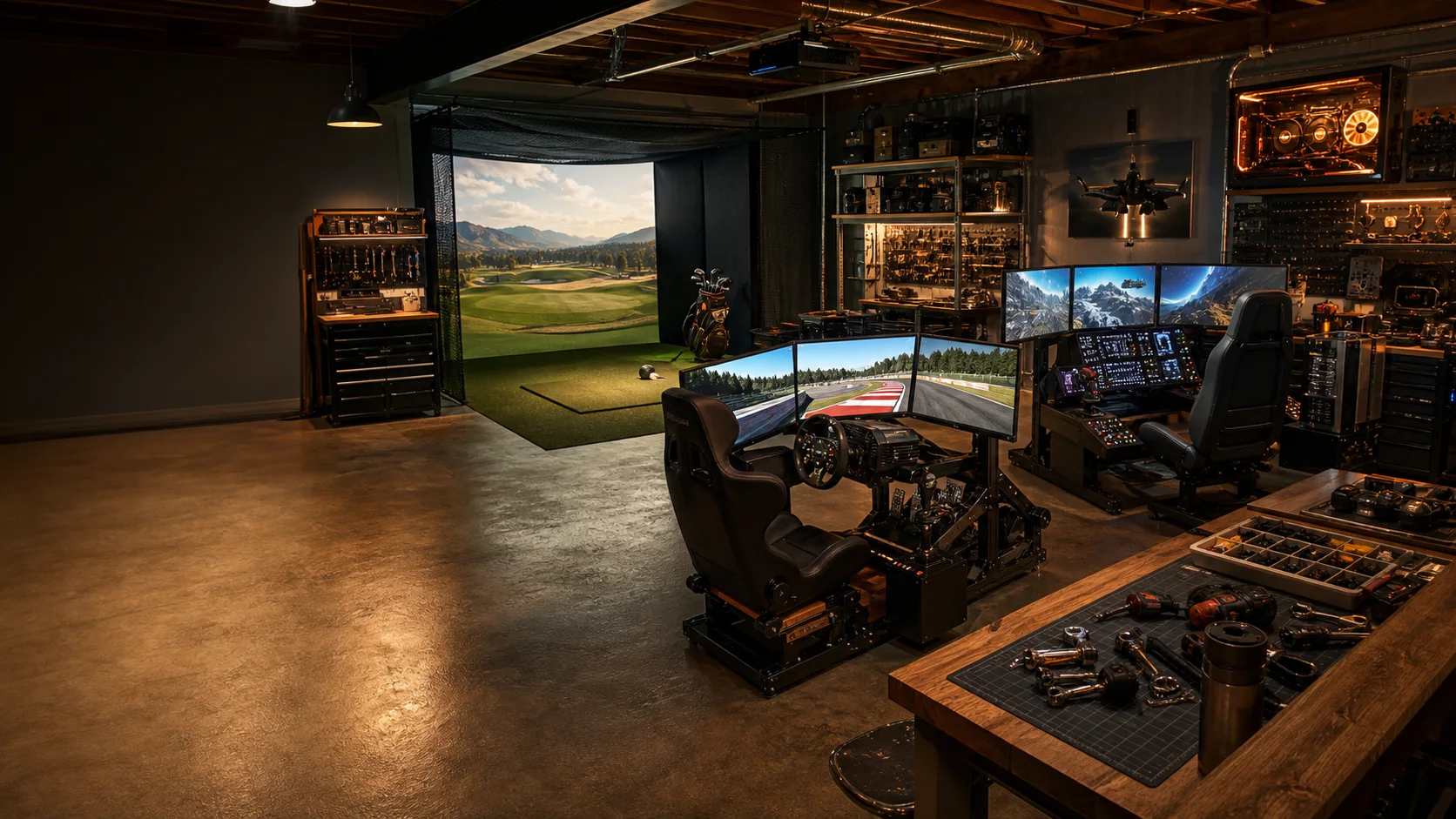 AI editorial concept of an aspirational simulator workshop with racing, golf, flight, and hardware bays