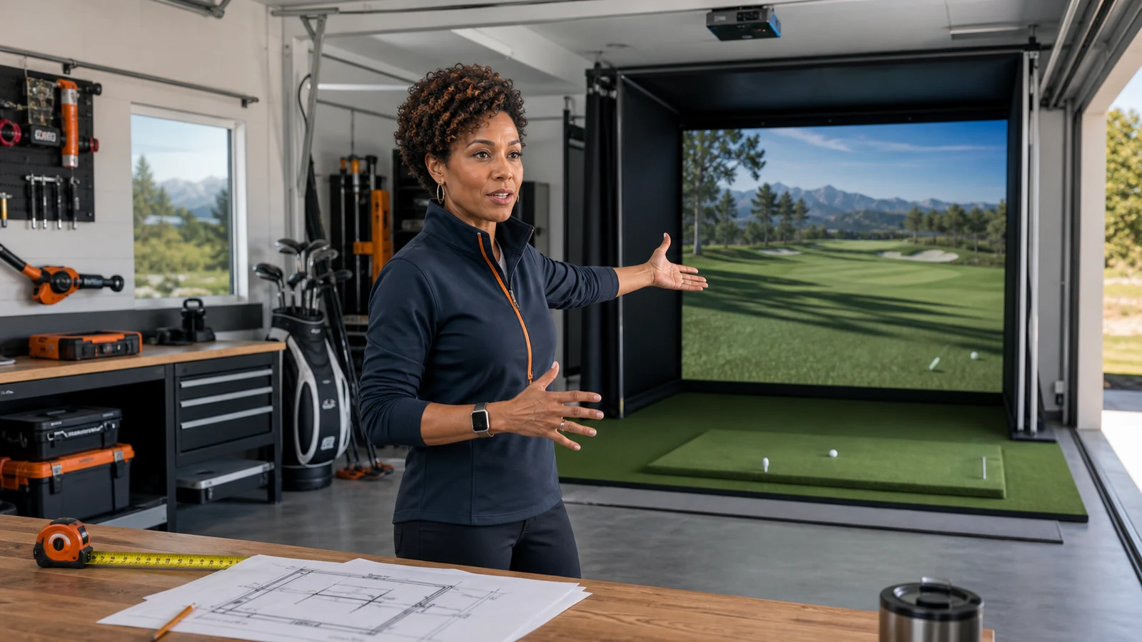 AI editorial scene of Nina Brooks explaining launch monitor placement in a garage golf simulator bay
