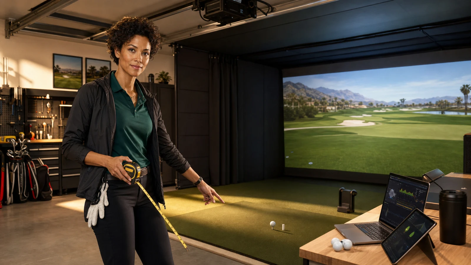 AI editorial scene of Nina Brooks measuring a premium garage golf simulator bay before choosing a launch monitor