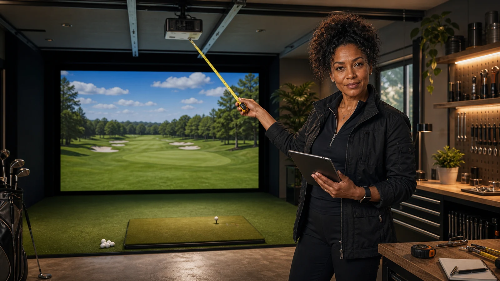 AI editorial scene of Nina Brooks measuring ceiling projector placement in a premium golf simulator bay