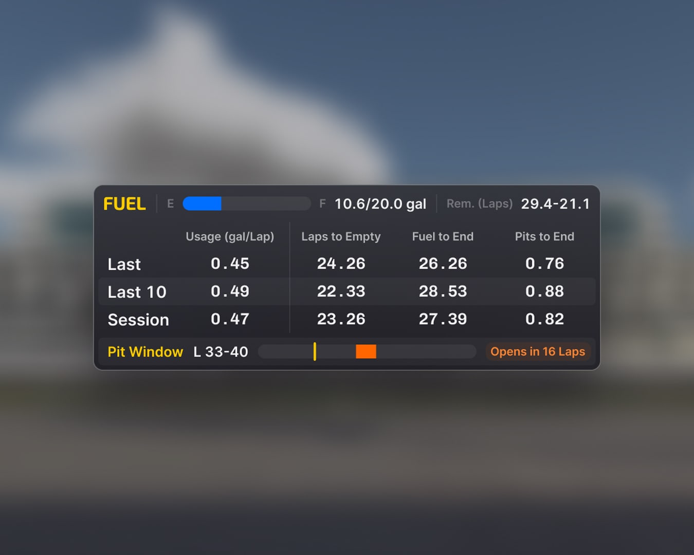 iRacing fuel calculator UI widget from the 2026 Season 3 update