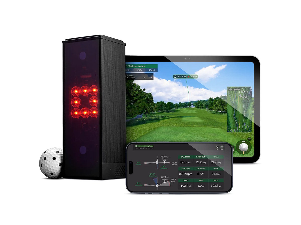 Square Golf Launch Monitor with dotted ball, phone, and tablet display