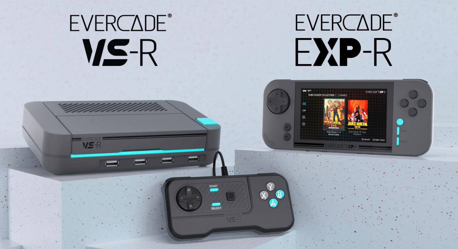 Evercade VS-R console and EXP-R handheld physical cartridge gaming hardware