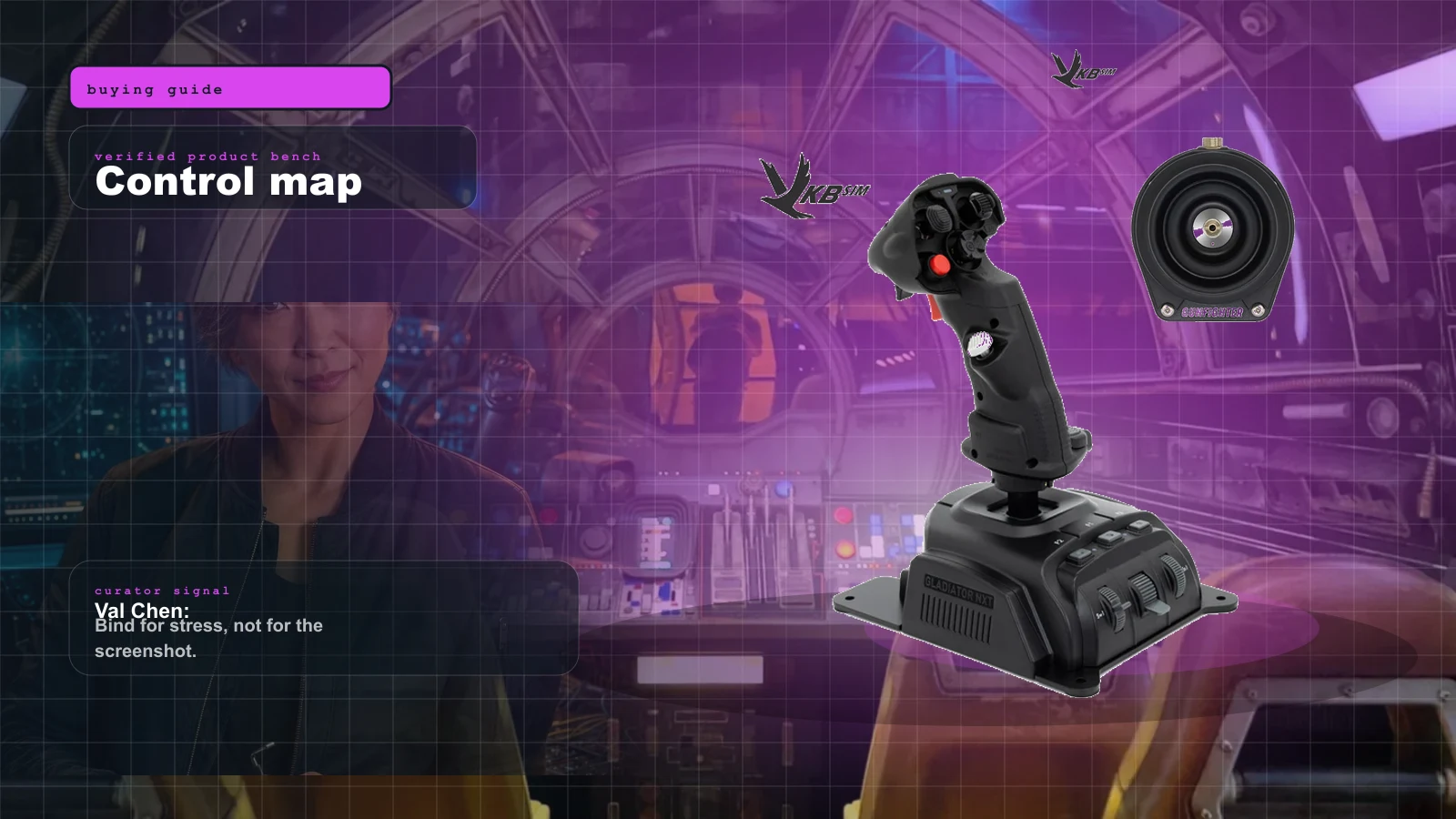 Best Beginner HOSAS Under $300 for Star Citizen & Elite (2026) cover with VKB Gladiator NXT EVO Space Combat Edition joystick, the upgrade-path beginner HOSAS pick and Val Chen