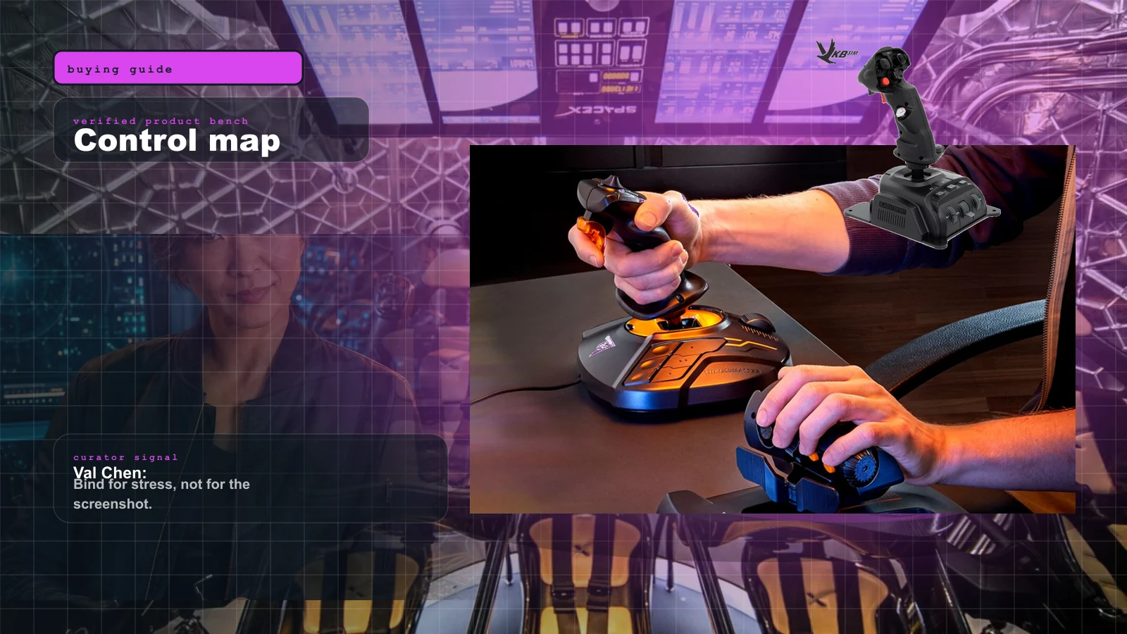 Best Controls for Elite Dangerous in 2026 (HOSAS vs HOTAS vs Gamepad) cover with Thrustmaster T.16000M FCS joystick — the building block of the cheapest credible Elite Dangerous HOSAS rig and Val Chen