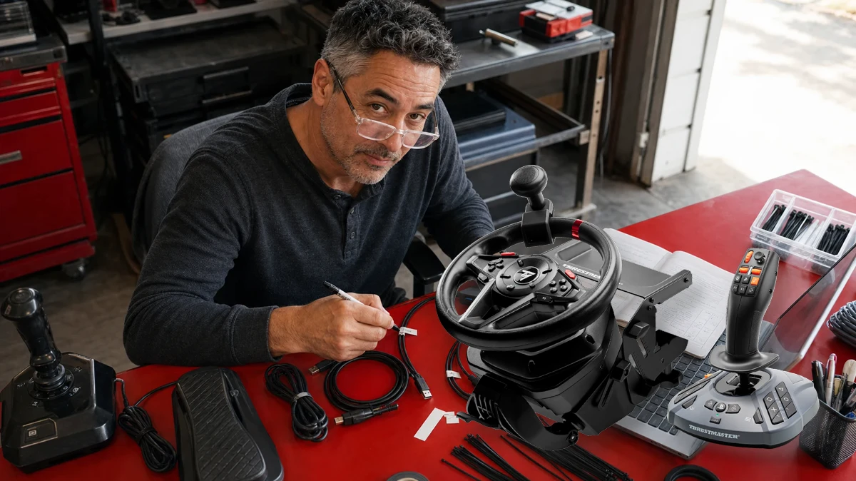 Duke Alvarez tracing simulator USB cables with a real Thrustmaster T128 SimTask Farming Pack product image integrated at full scale