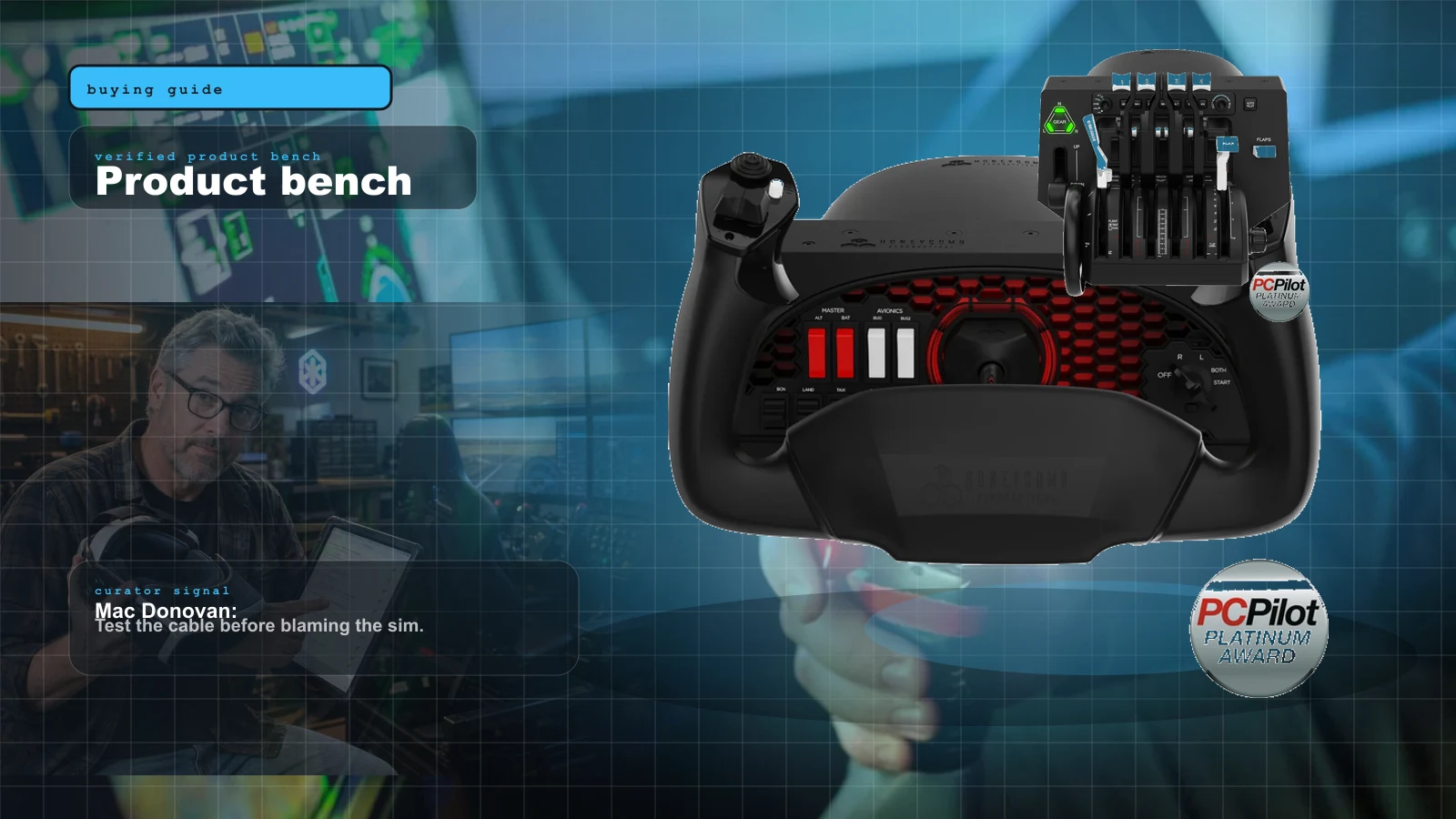 Best MSFS Flight Sim Hardware of 2026: Yokes, Throttles, Pedals, Panels and Head Tracking Ranked cover with Honeycomb Aeronautical Alpha Flight Controls yoke — the best first GA buy of 2026 and Mac Donovan