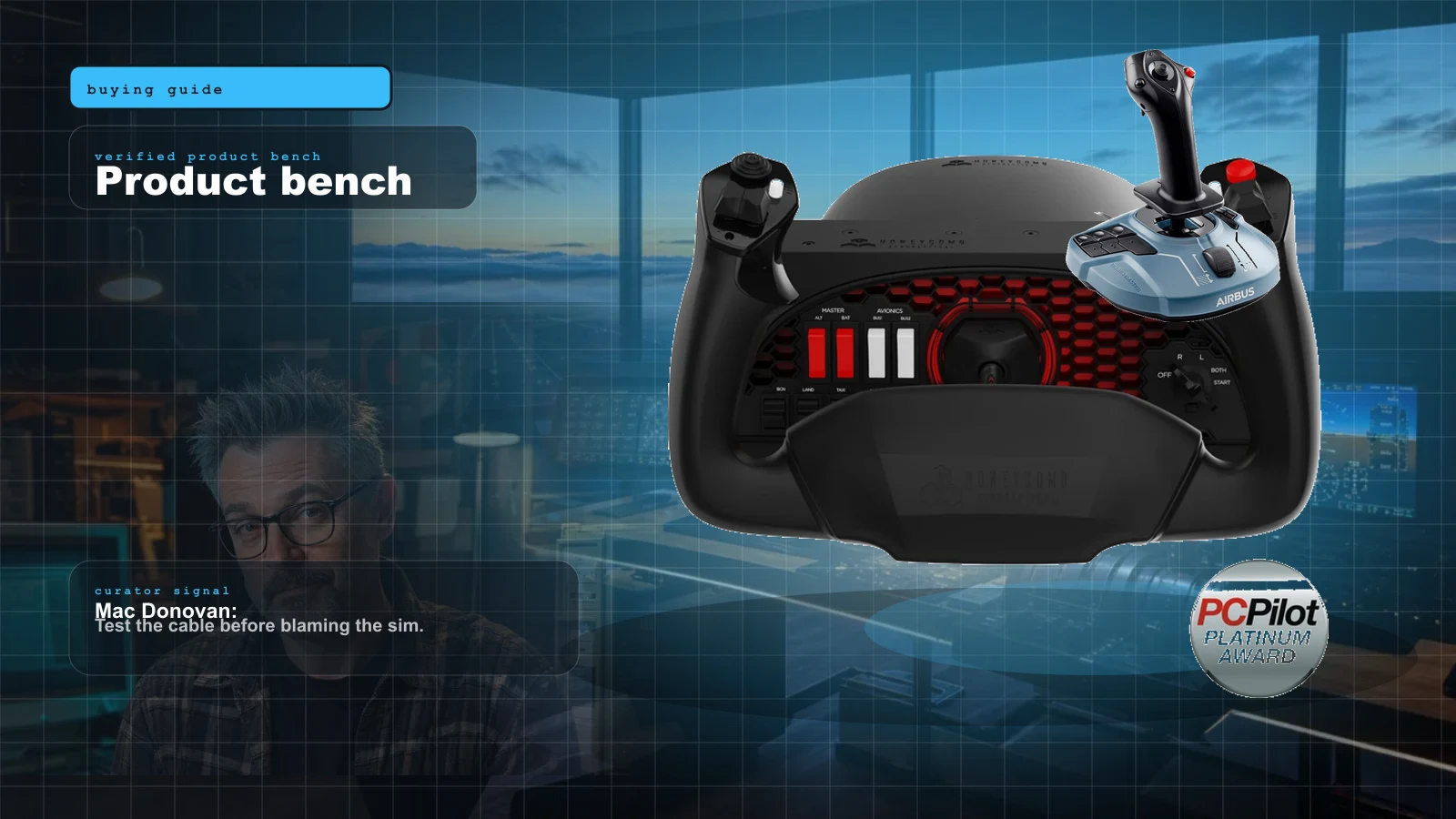 Your First Flight Sim Setup: What to Buy First for MSFS 2024 cover with Honeycomb Alpha Flight Controls yoke — the GA anchor most beginners upgrade to within a month and Mac Donovan