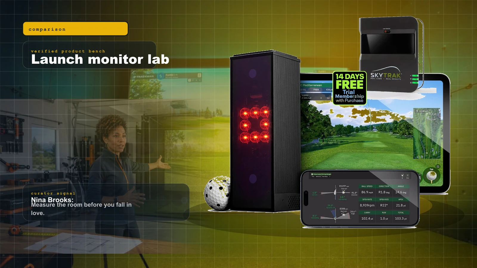 Best Golf Launch Monitors Under $1,000 in 2026: The Honest Sub-$1K Field cover with Close detail of a budget photometric launch monitor beside a golf ball on a fairway-green hitting mat in warm directional light and Nina Brooks