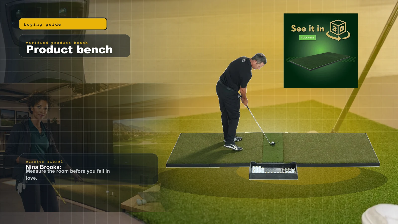 Best Golf Simulator Hitting Mats of 2026: Fiberbuilt vs SIGPRO Softy vs Country Club Elite (The Joint-Saving Buy) cover with A clubhead striking a golf ball off a premium fairway-green hitting mat with a faint spark of impact in a dark cinematic bay and Nina Brooks
