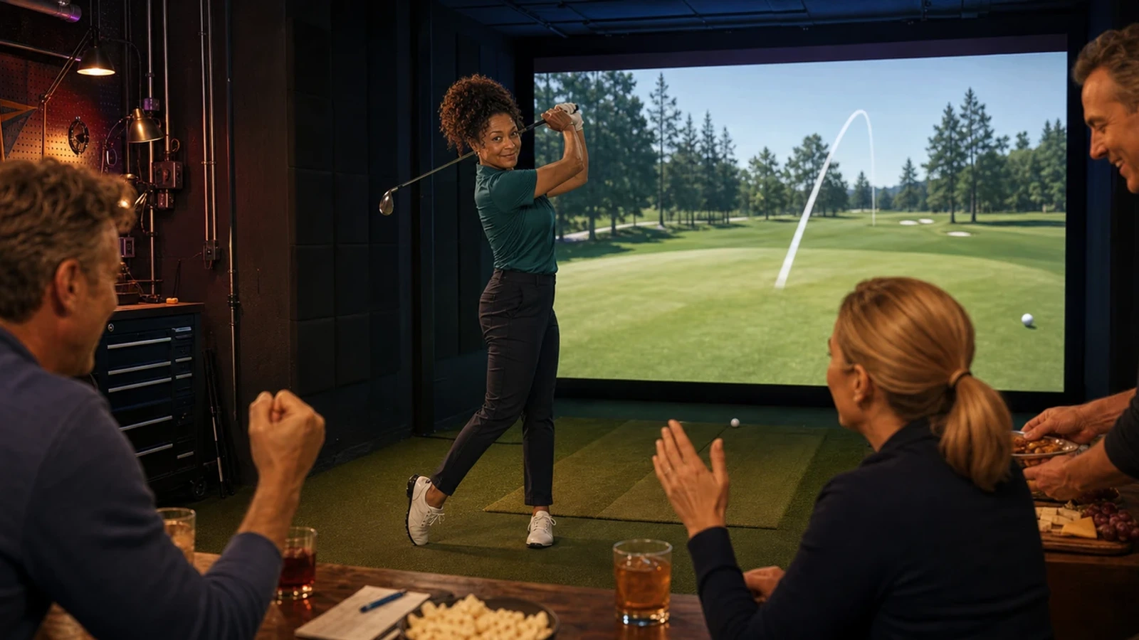 Nina Brooks playing a golf simulator league night with three friends and a bright projected course