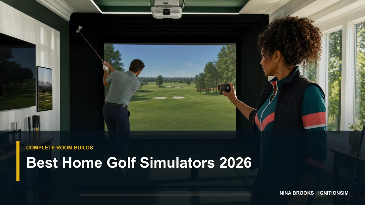 Nina Brooks laser-measuring a bright golf simulator room while a player checks swing clearance and a radar monitor sits at correct depth