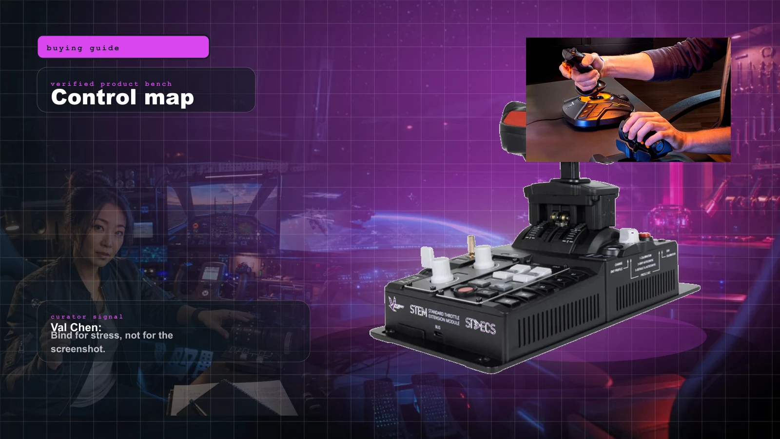 The Best HOTAS for Star Citizen in 2026 (Stick + Throttle Buying Guide) cover with Thrustmaster T.16000M FCS HOTAS — the budget stick-and-throttle gateway for Star Citizen and Val Chen