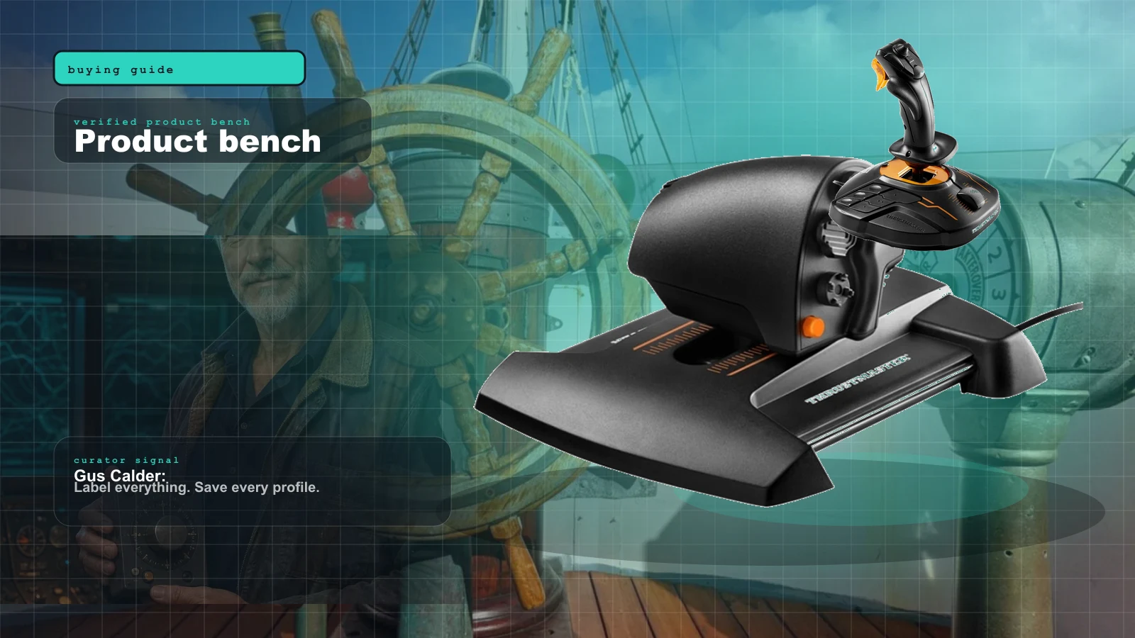 Best Marine Sim Gear of 2026: The Honest, Practical Control Stack cover with Thrustmaster TWCS throttle repurposed as a ship's engine lever — the practical heart of a marine sim control stack and Gus Calder