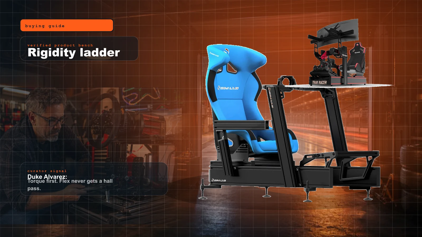 Best Sim Racing Cockpits and Seats of 2026: The Rigidity Ladder cover with Trak Racer TR160 80/20 aluminium profile sim racing cockpit and Duke Alvarez