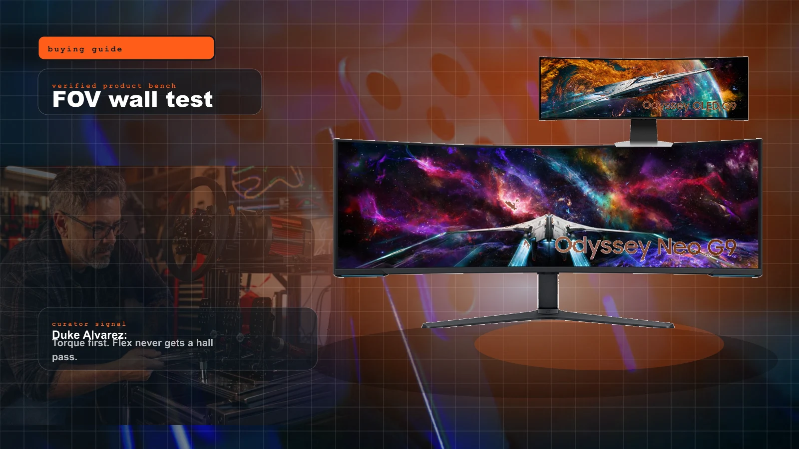 Best Sim Racing Monitors of 2026: Triple vs Super-Ultrawide vs OLED cover with Samsung Odyssey OLED G9 49-inch super-ultrawide sim racing monitor and Duke Alvarez