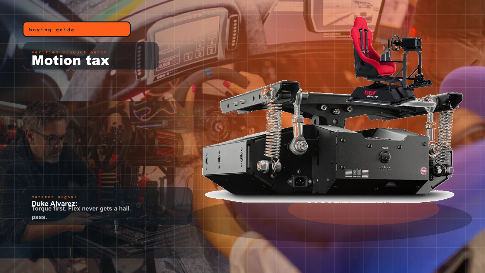 Best Sim Racing Motion Platforms of 2026: The Honest 2DOF-vs-3DOF Reckoning cover with Next Level Racing Motion Platform V3 2DOF seat mover and Duke Alvarez