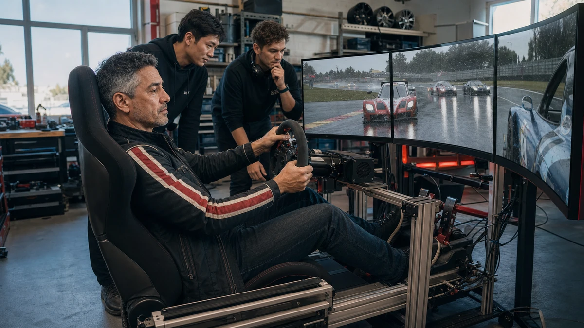 Duke Alvarez timing a driver change beside a complete endurance racing simulator with a direct-drive wheel, load-cell pedals, and ultrawide display