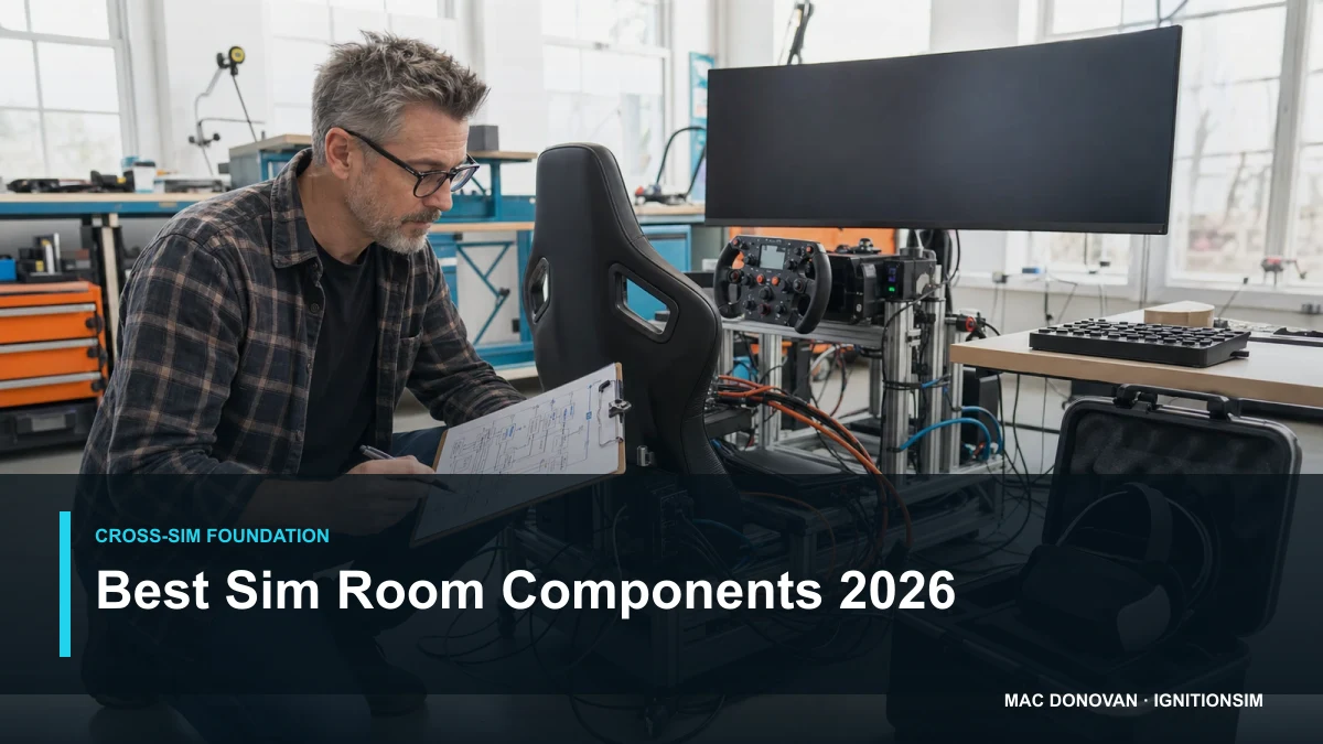 Mac Donovan labeling the power and USB paths of a bright multi-simulator room with an ultrawide display and VR headset