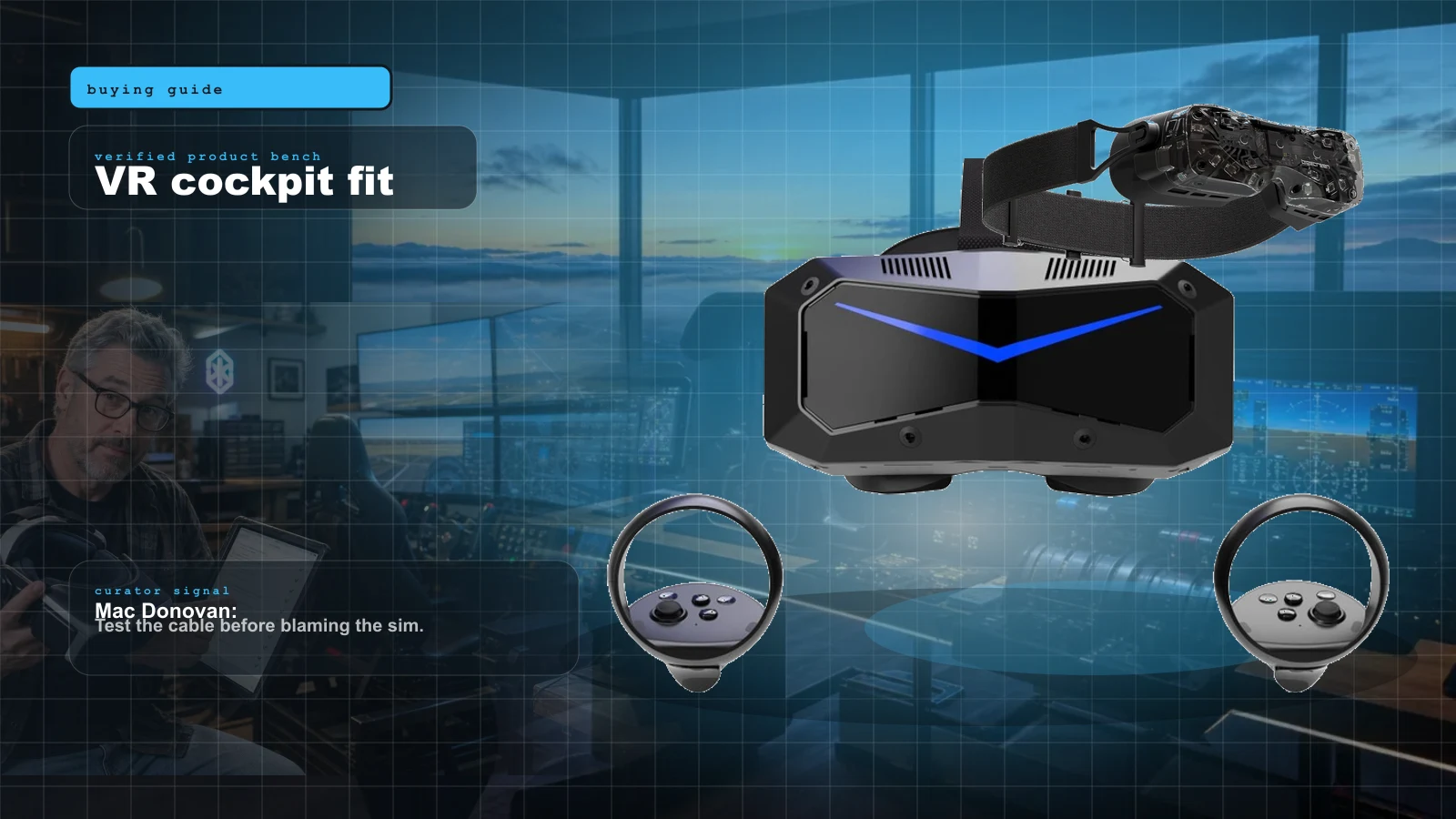 Best VR Headset for Sim in 2026: Clarity vs Comfort vs Value cover with Pimax Crystal Super PCVR headset — the 2026 clarity benchmark for sim cockpits and Mac Donovan