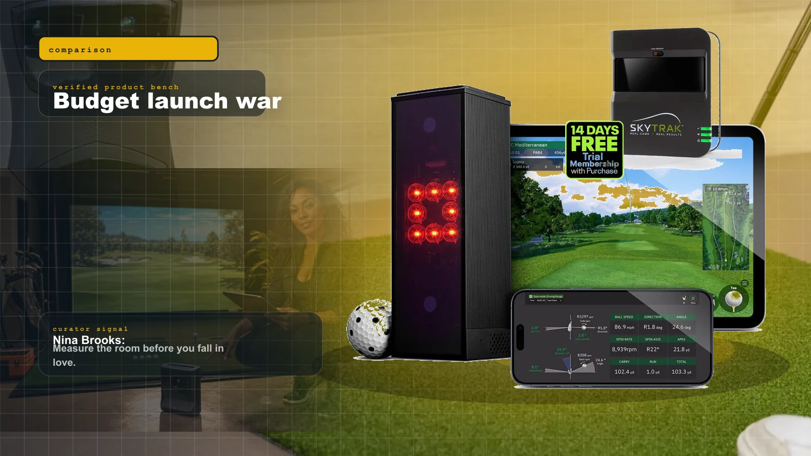 Square Golf vs MLM2PRO vs Garmin R10 vs Used SkyTrak: The Budget Launch Monitor War cover with Square Golf launch monitor with ball, phone, and tablet display and Nina Brooks