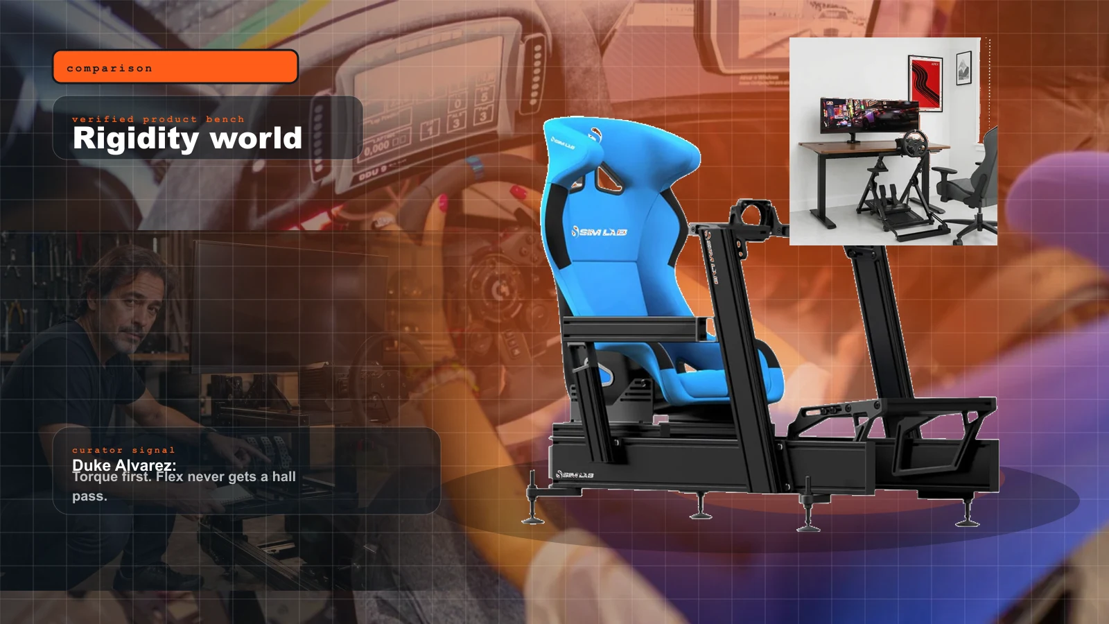 Wheel Stand vs Fixed Cockpit vs 8020 Rig: The 2026 Rigidity Guide for Direct Drive and Load Cells cover with Sim-Lab P1X aluminum profile sim racing cockpit and Duke Alvarez