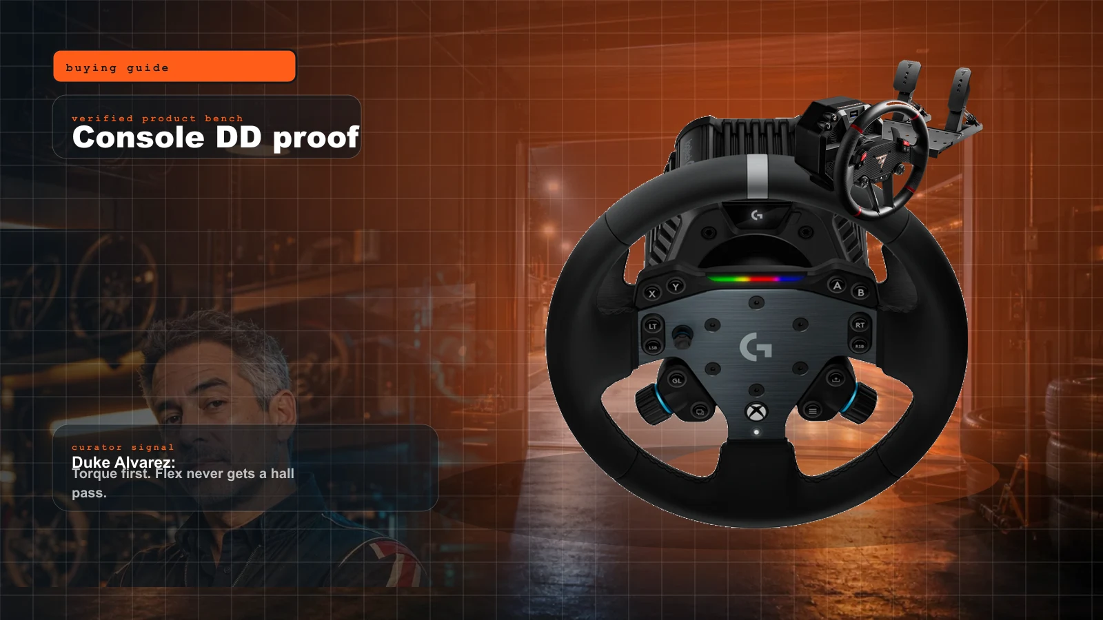 Console Direct Drive Wheels in 2026: PS5, Xbox, Fanatec, Logitech RS50, MOZA R3, T598, and the Compatibility Traps cover with Logitech RS50 console direct drive racing wheel system and Duke Alvarez