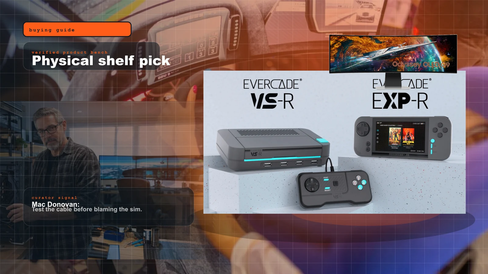 Evercade in 2026: Is the Physical Cartridge Ecosystem Worth Adding to a Sim Room? cover with Evercade VS-R and EXP-R physical cartridge gaming hardware and Mac Donovan