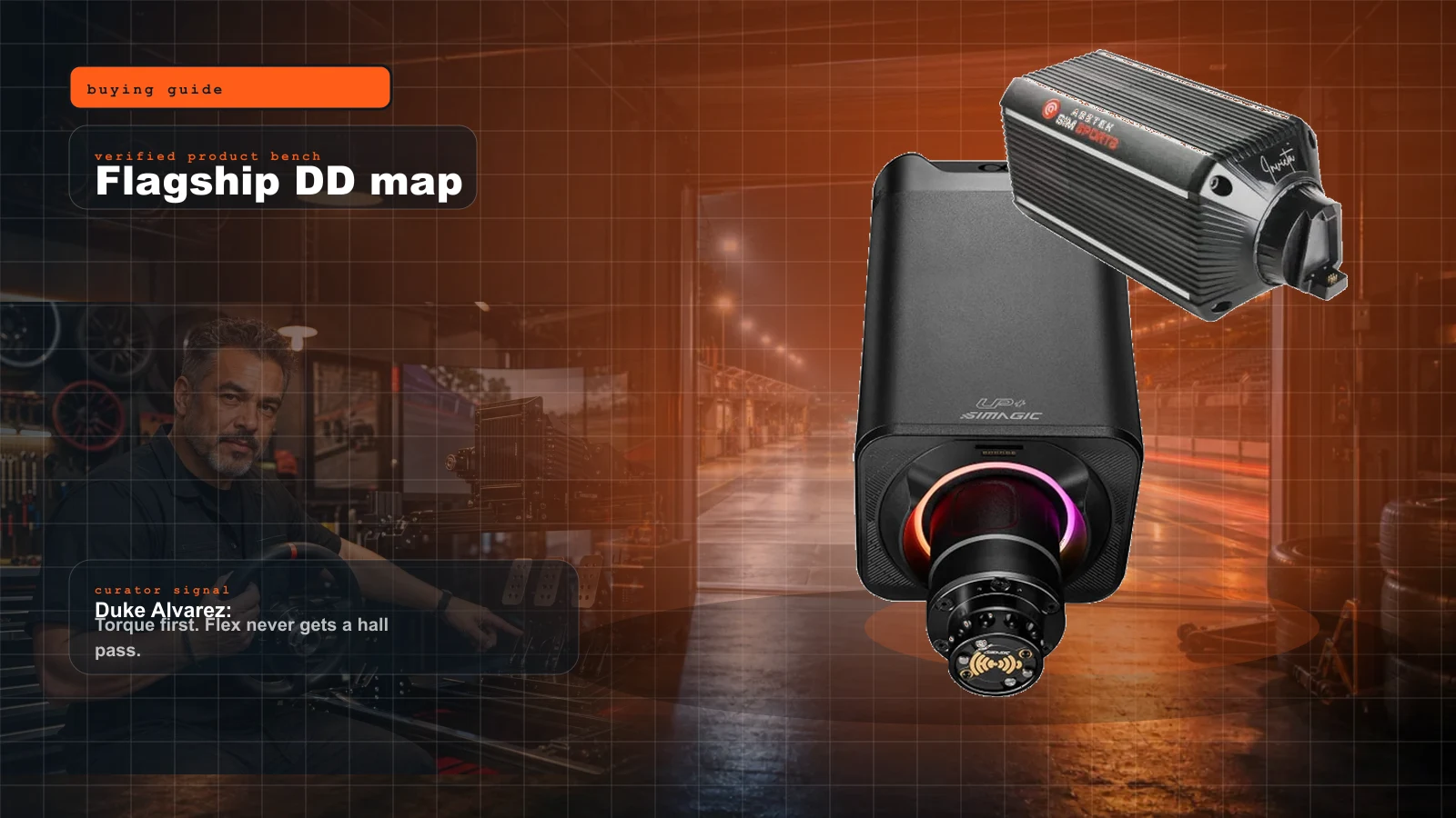 Flagship Direct Drive Wheelbase Buyer Map 2026: Simucube vs Asetek vs Simagic vs Fanatec cover with Simagic Alpha Evo Ultra direct drive wheelbase and Duke Alvarez