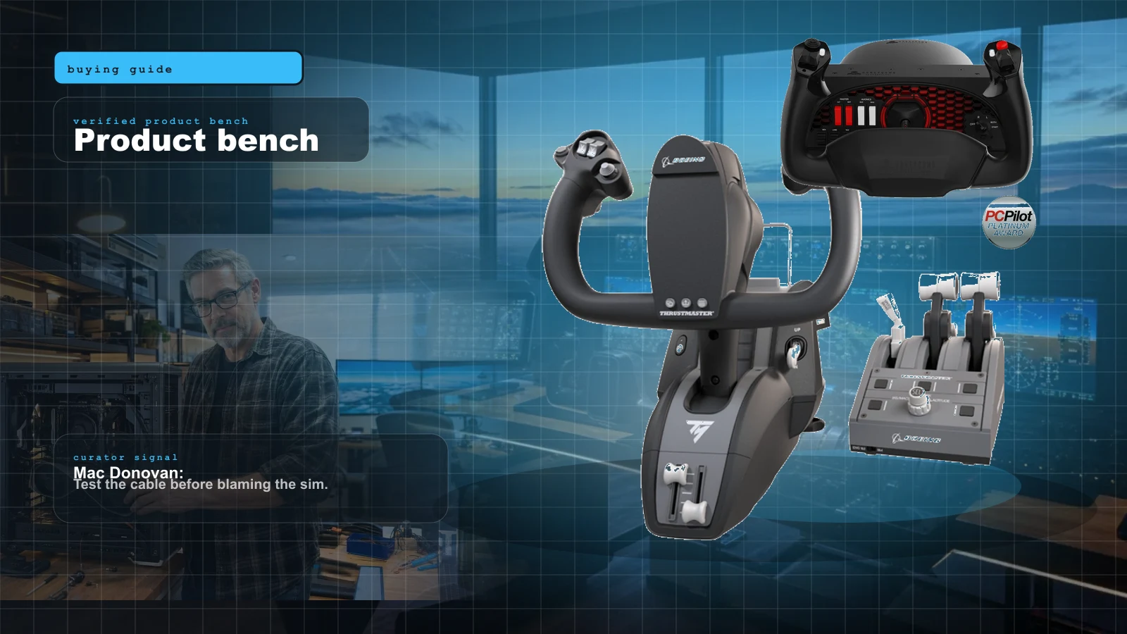 FlightSimExpo 2026 Hardware Buyer Map: What to Buy Now, What to Watch, What to Skip cover with Thrustmaster TCA Sky Yoke — the FlightSimExpo 2026 headline for beginner and console MSFS pilots and Mac Donovan