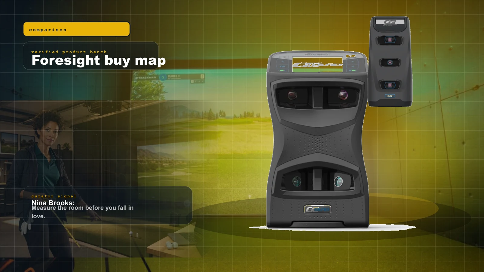 Foresight GCQuad vs GC3 vs Falcon 2026: Which Foresight Launch Monitor Should You Buy? cover with Foresight GCQuad launch monitor and Nina Brooks