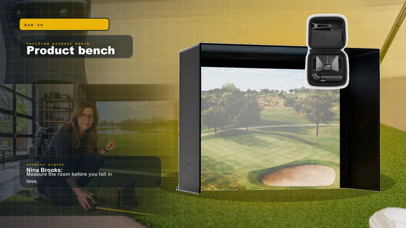 Garage Golf Simulator Build Guide 2026: Ceiling, Depth, Cold, and the Buy Order That Works cover with Carl's Place DIY golf simulator enclosure and impact screen, the backbone of a garage build and Nina Brooks