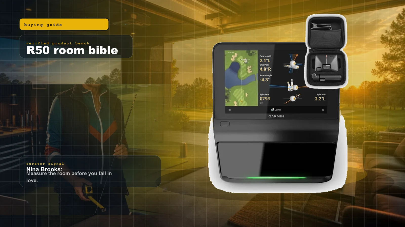 Garmin Approach R50 Room Build Bible: No-PC Golf Simulator Setup, Total Cost, and What to Buy cover with Garmin Approach R50 room build bible cover with Nina Brooks measuring a golf simulator bay and real R50 product proof and Nina Brooks