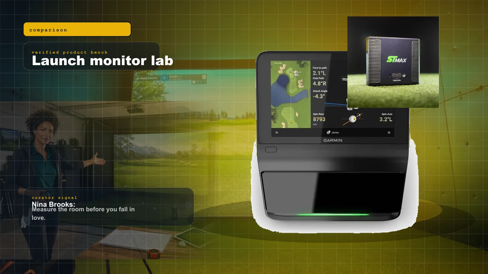 Best Golf Launch Monitors Under $5,000 in 2026: Garmin R50 vs SkyTrak ST MAX vs Uneekor Eye Mini Lite vs Bushnell Launch Pro cover with Garmin Approach R50 golf launch monitor and Nina Brooks