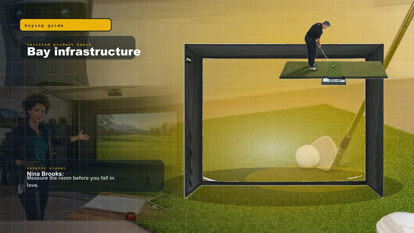 Golf Simulator Mats, Screens, and Enclosures in 2026: The Stuff You Should Not Cheap Out On cover with SIG10 golf simulator enclosure and impact screen and Nina Brooks
