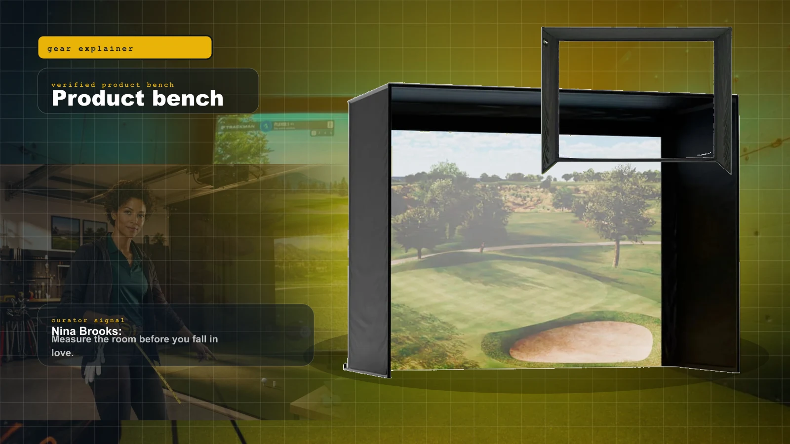 Golf Simulator Impact Screen & Enclosure Guide 2026: DIY vs Premium, Bounceback Safety, and the Image-Quality Buy cover with A taut golf simulator impact screen glowing with a sunlit links fairway inside a deep-green padded enclosure and Nina Brooks
