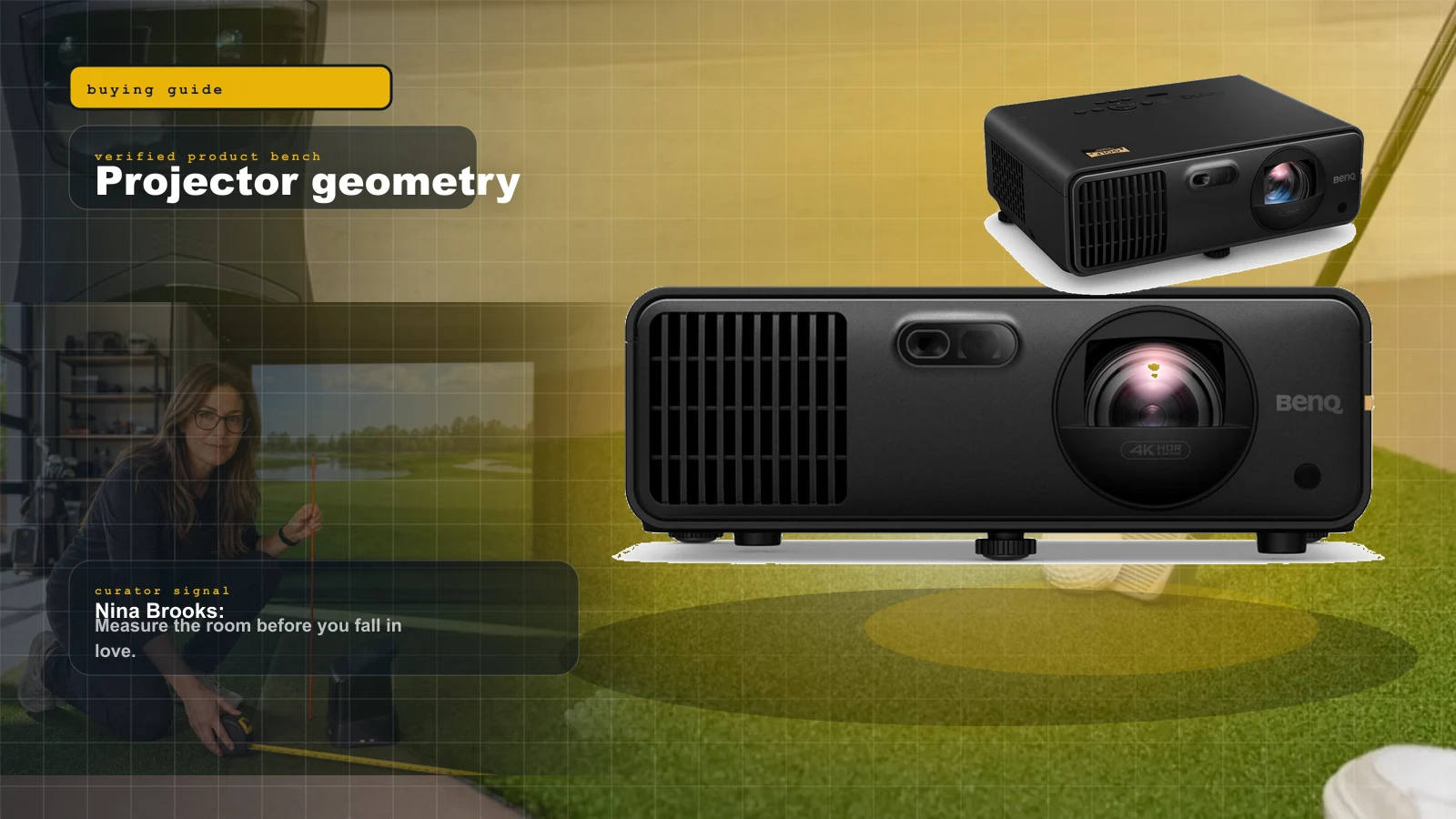 Best Golf Simulator Projectors 2026: BenQ AK700ST vs AH700ST vs LK936ST vs Optoma GT2100HDR cover with BenQ AK700ST short throw golf simulator projector and Nina Brooks