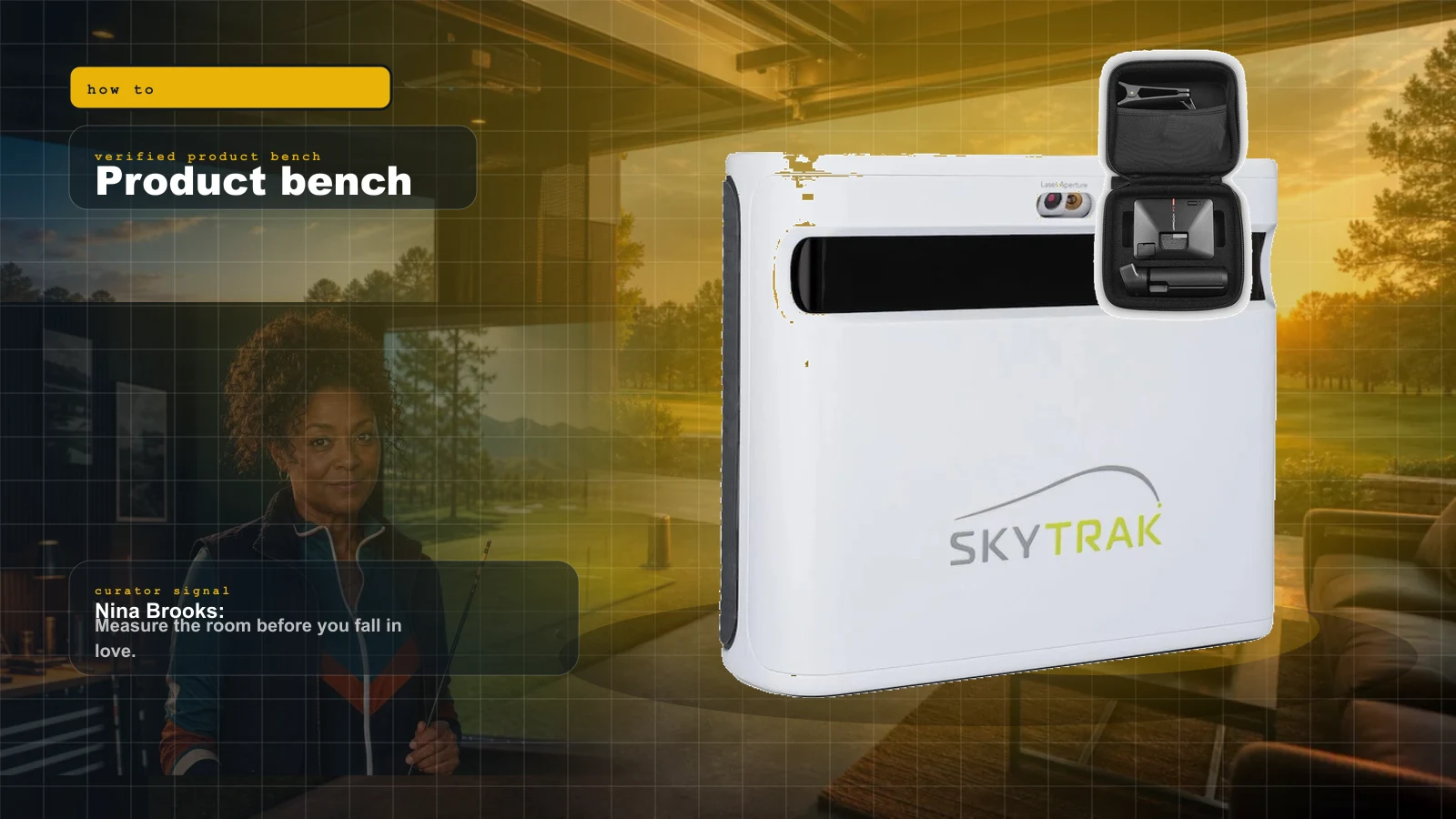 Golf Simulator Room Size in 2026: The Ceiling, Depth, and Width Your Bay Actually Needs cover with A golfer at the top of the backswing inside a dim simulator bay, club near a low ceiling, with a fairway glowing on the screen ahead and Nina Brooks