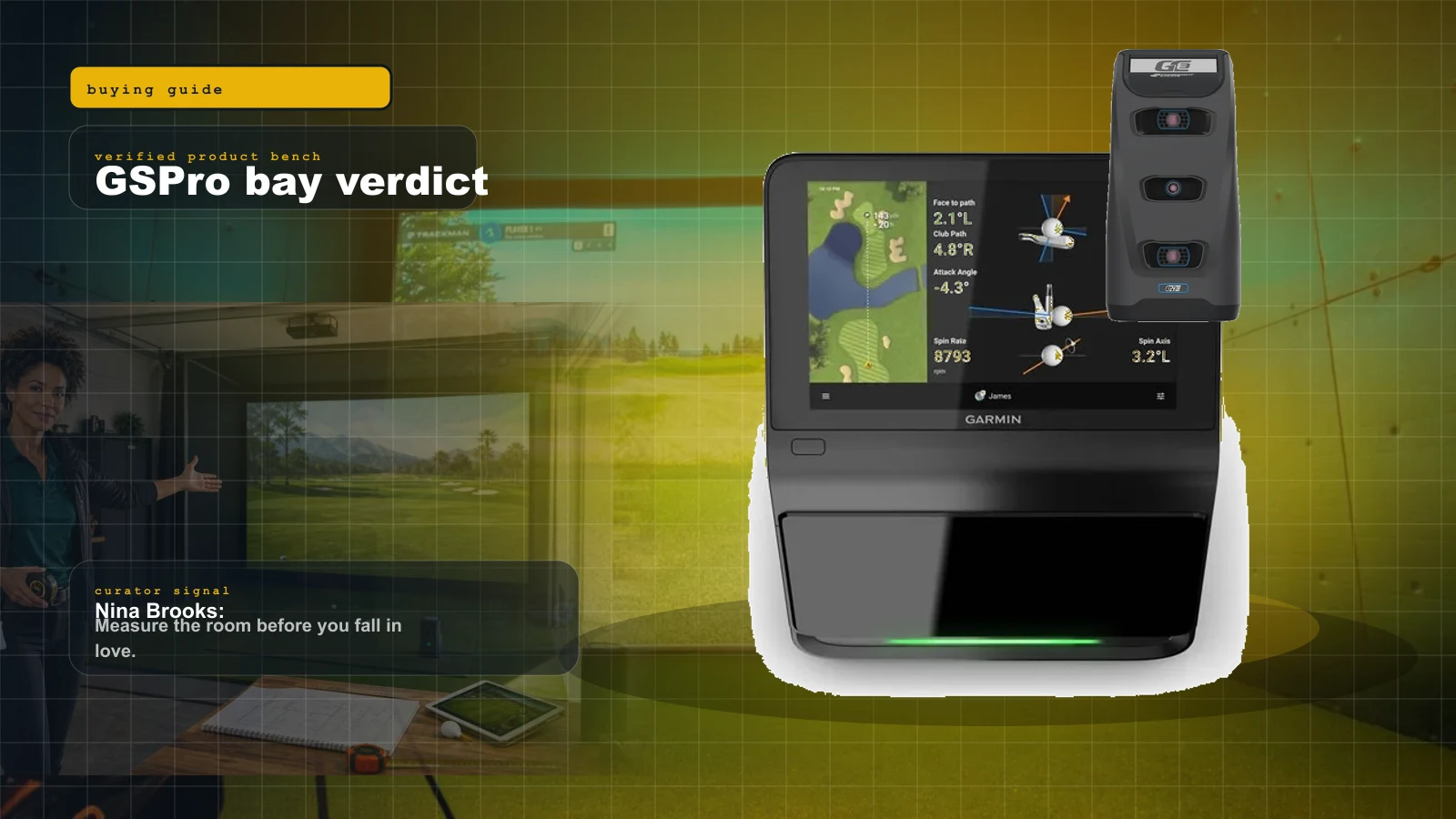 GSPro Review 2026: Is It the Home Golf Software Worth Building a PC Bay Around? cover with GSPro golf simulator logo and ball mark and Nina Brooks