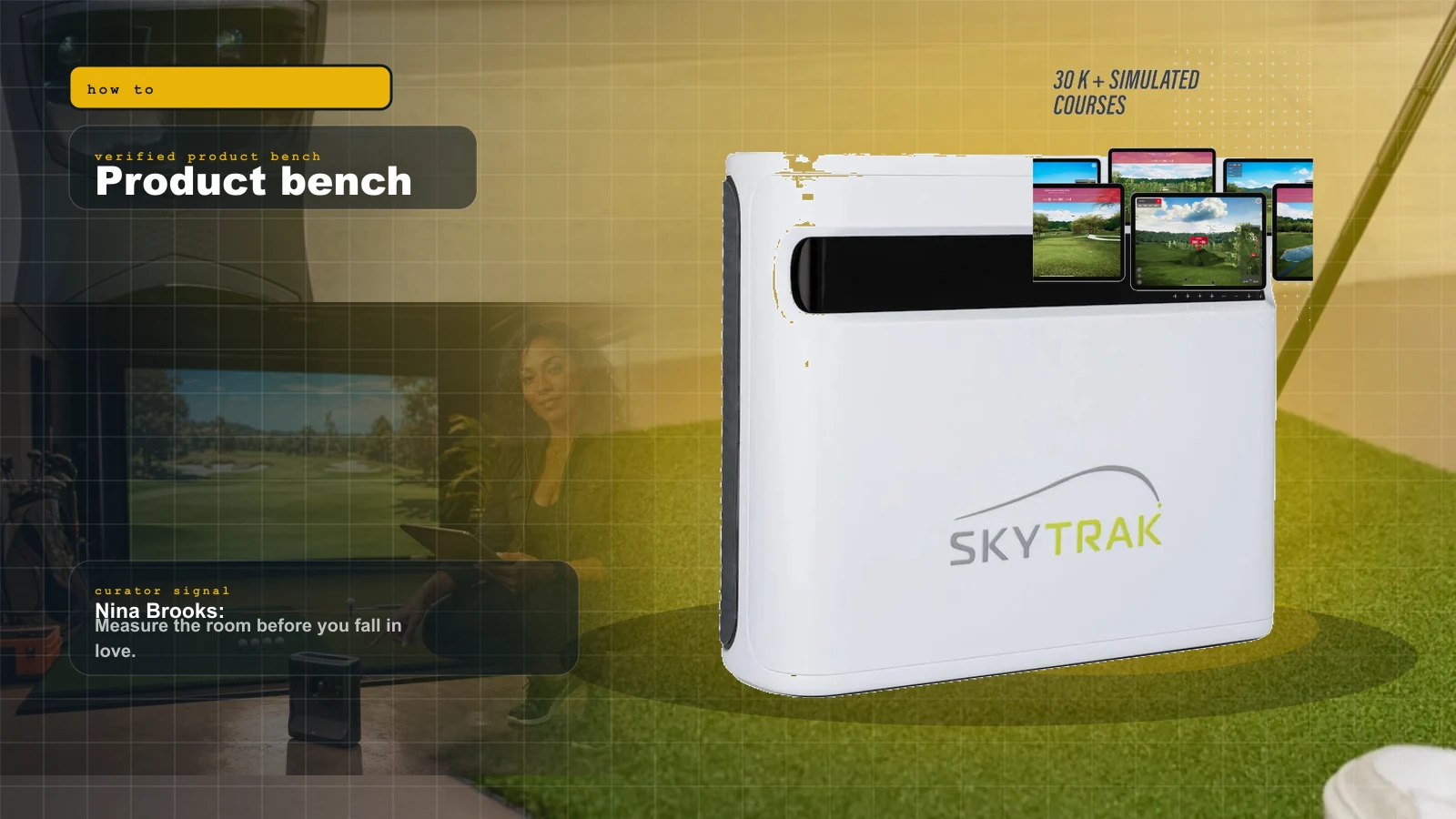 GSPro Setup Guide 2026: Connectors, Courses, and the Gotchas Nobody Warns You About cover with SkyTrak+ launch monitor — one of the units that reaches GSPro through a connector and Nina Brooks