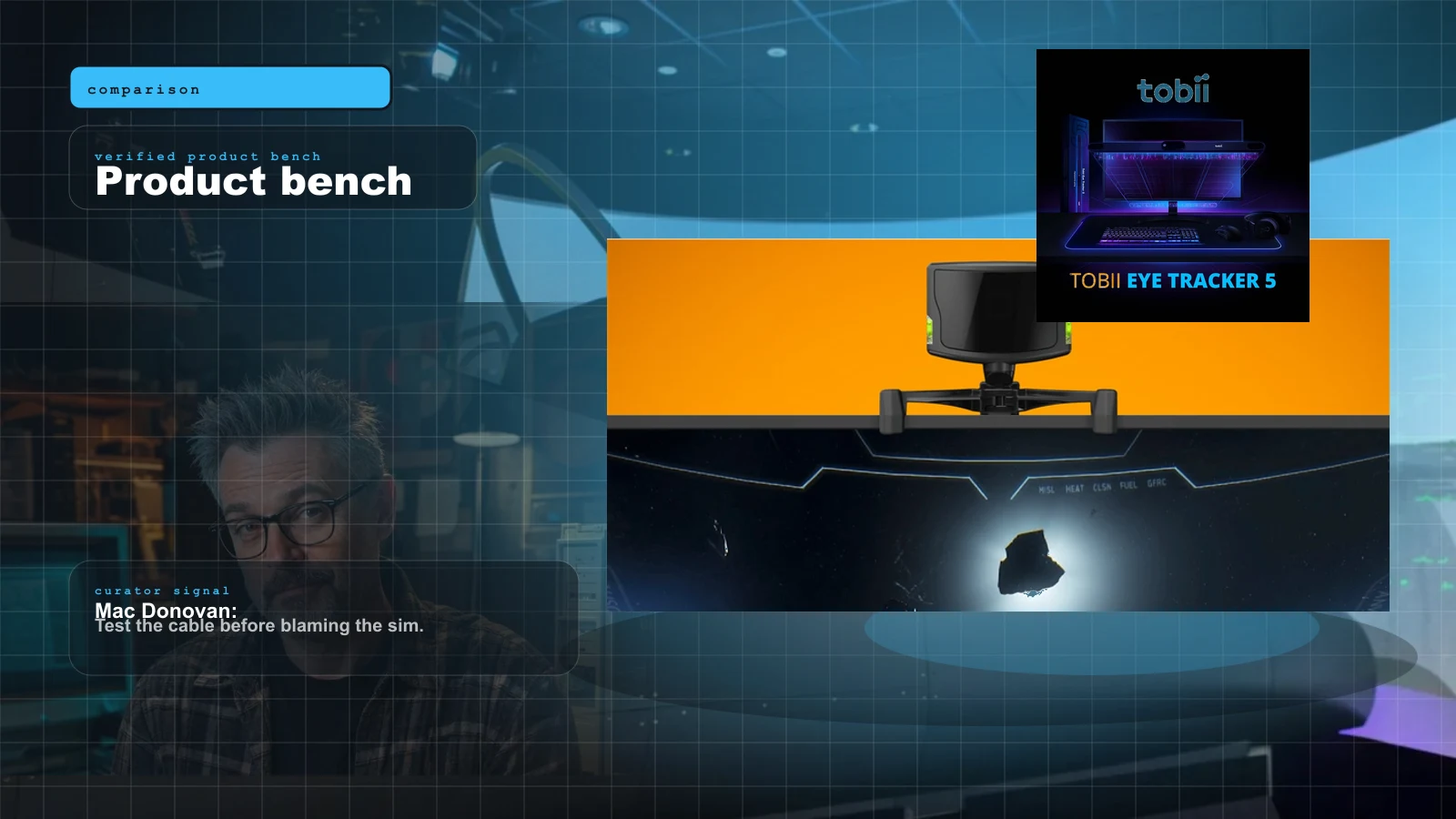 TrackIR 5 vs Tobii Eye Tracker 5 for MSFS in 2026: The Honest Head-Tracking Verdict cover with NaturalPoint TrackIR 5 head tracking camera with TrackClip PRO and Mac Donovan