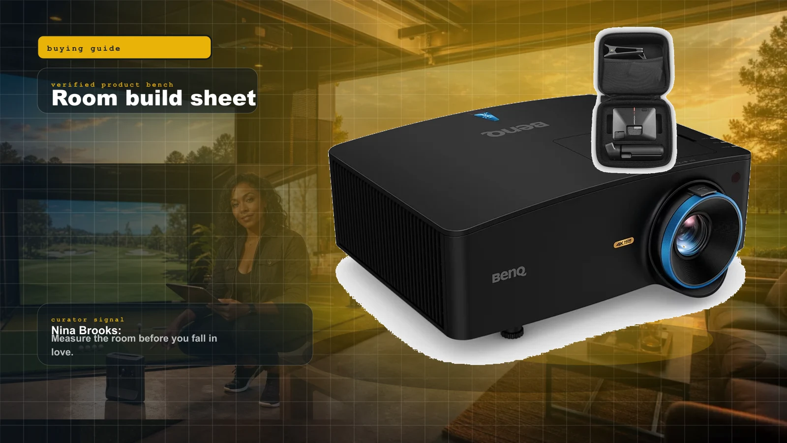 Home Golf Simulator Build Sheet 2026: Room Size, Launch Monitor, Mat, Screen, Projector, and the Buy Order cover with BenQ LK936ST short throw golf simulator projector and Nina Brooks