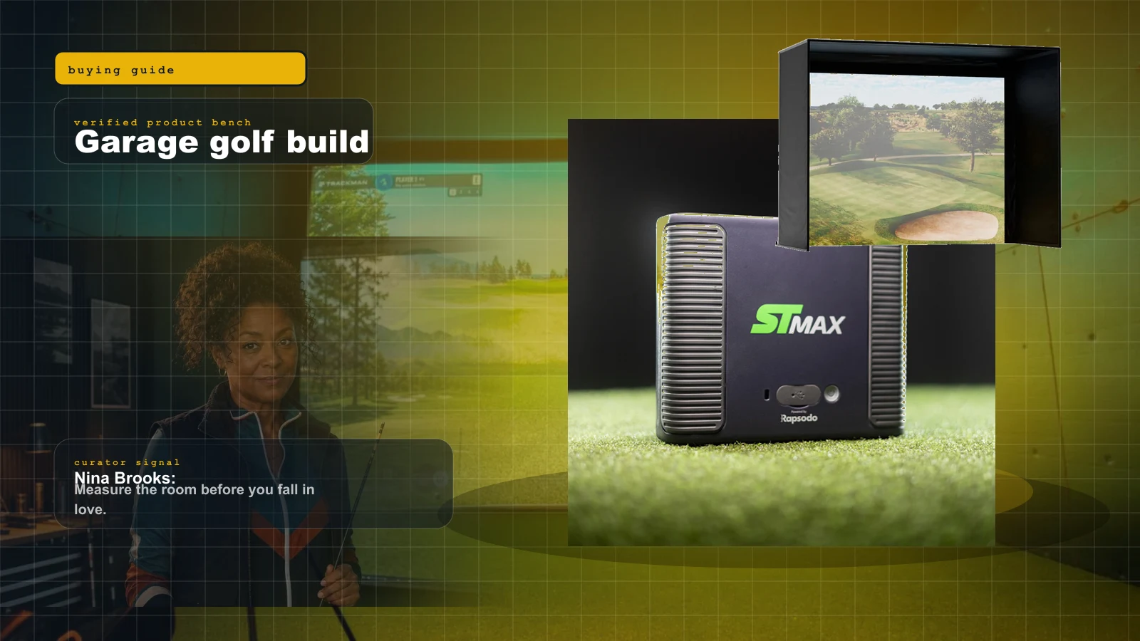 Best Home Golf Simulator Under $10,000 in 2026: The Parts That Matter, The Traps That Blow The Budget cover with SkyTrak ST MAX launch monitor being used in a golf simulator and Nina Brooks