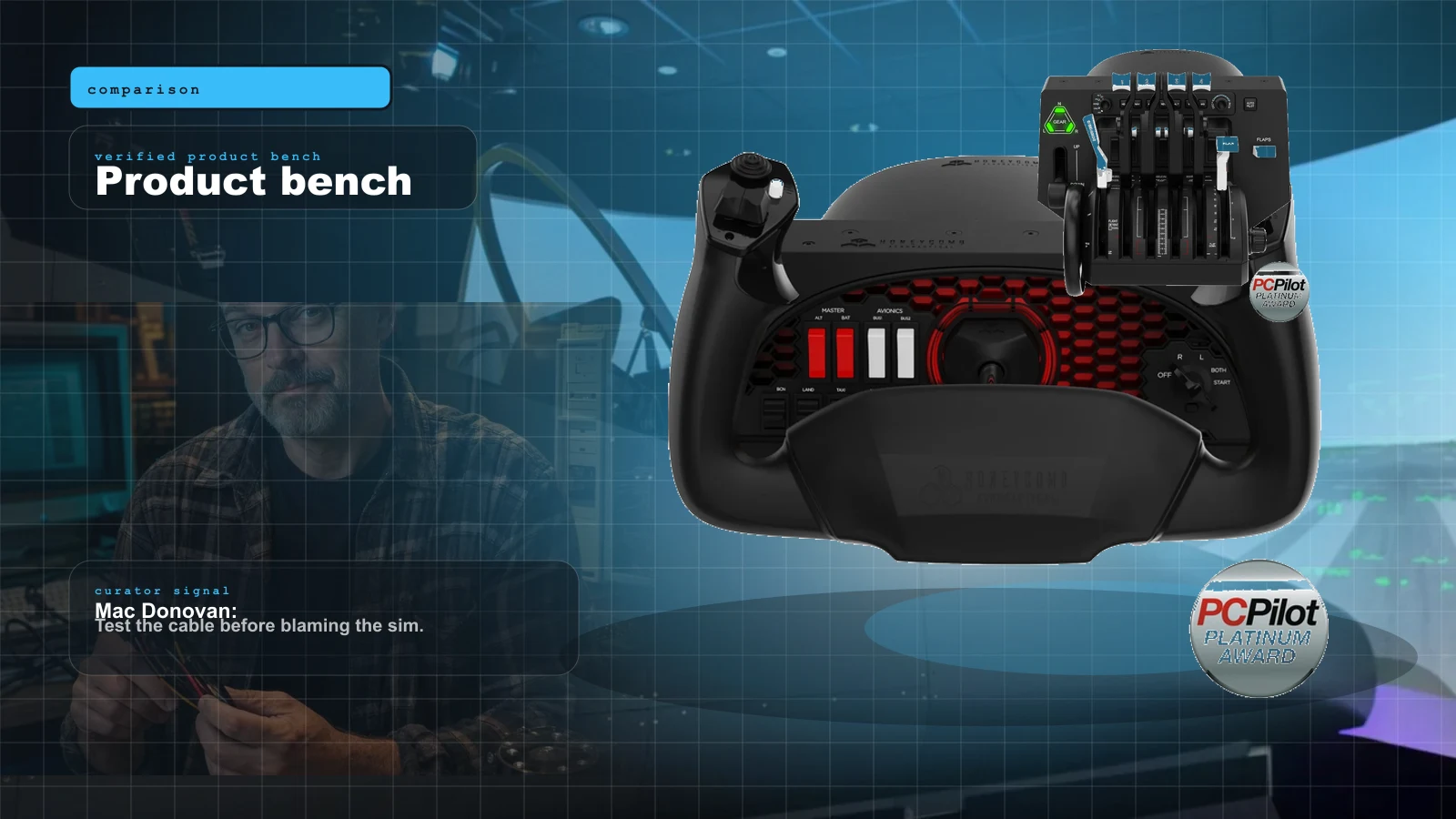Honeycomb vs Thrustmaster TCA (2026): Which Flight Sim Ecosystem to Buy cover with Honeycomb Aeronautical Alpha Flight Controls yoke — the GA anchor of the Honeycomb-vs-Thrustmaster-TCA decision and Mac Donovan