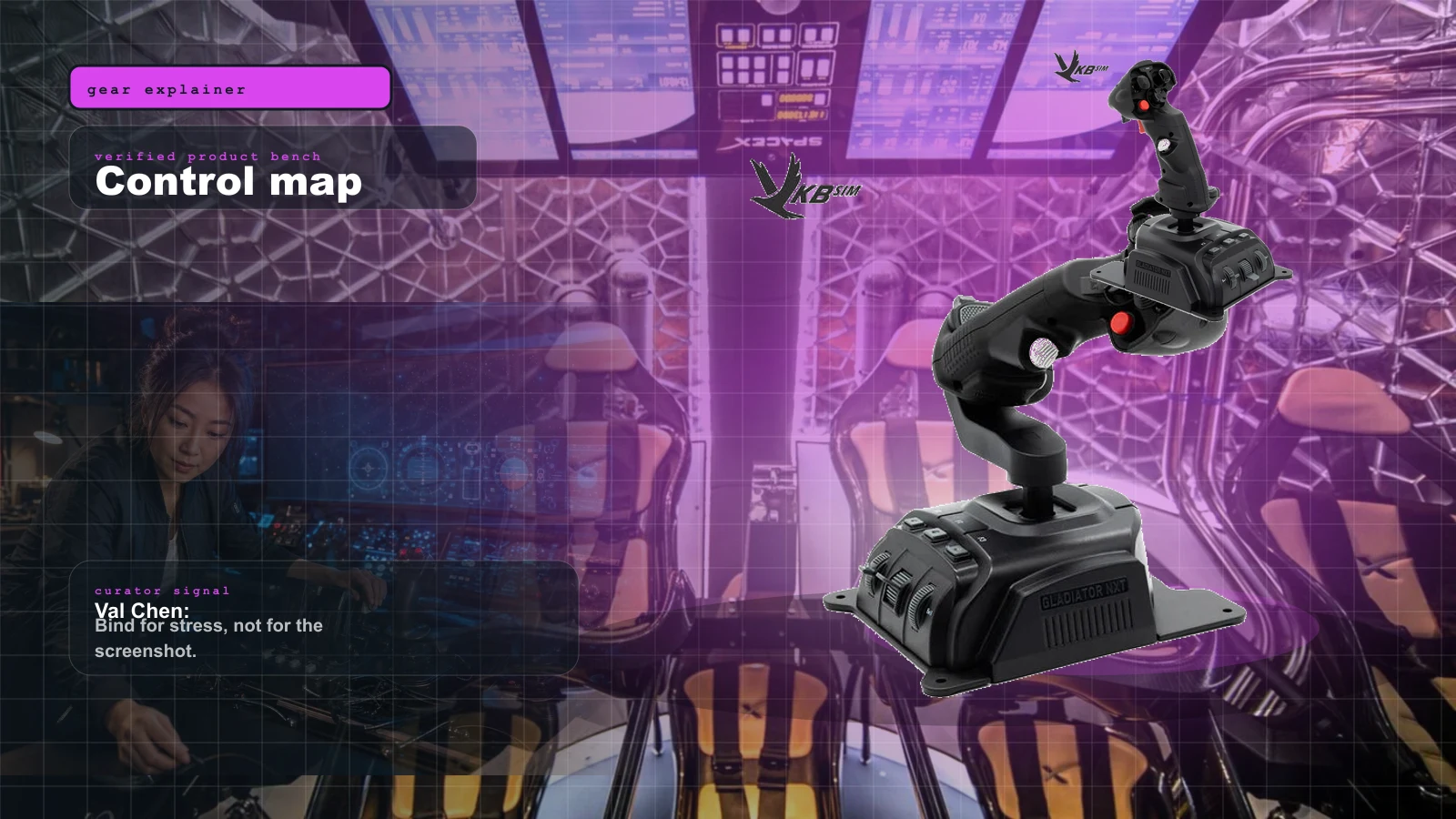 HOSAS vs HOTAS for Space Sims in 2026: Two Sticks or Stick-and-Throttle? cover with VKB Gladiator NXT EVO Space Combat Edition stick — the building block of a HOSAS space rig and Val Chen